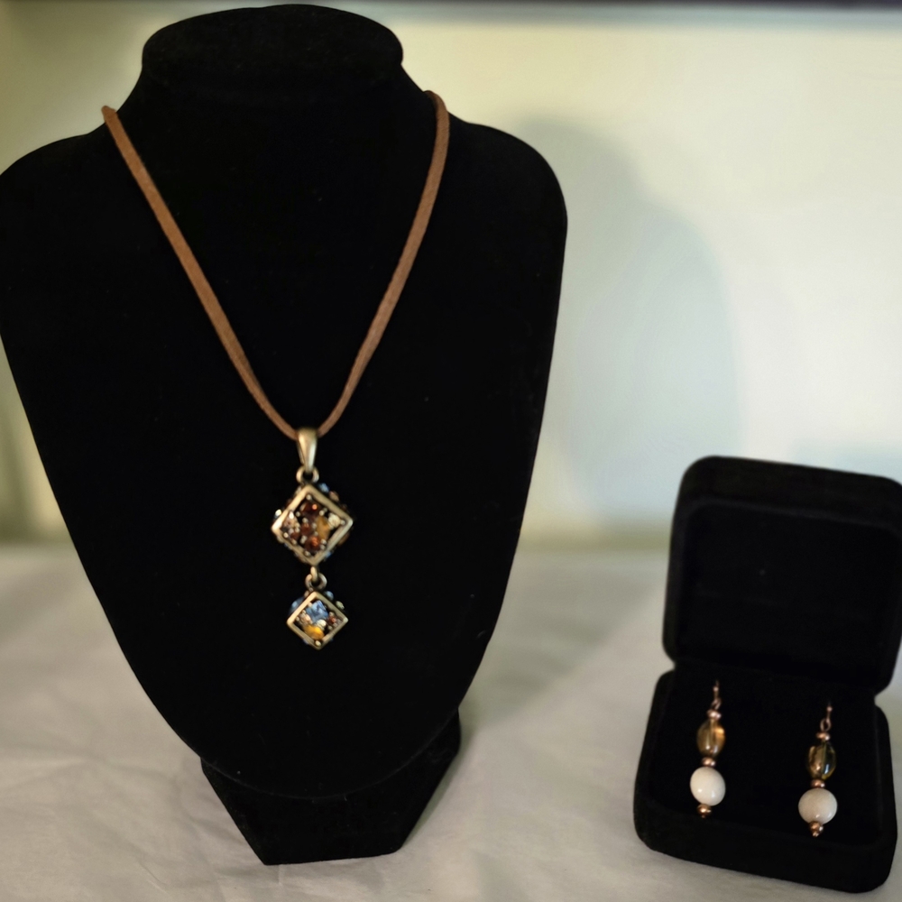 Lia‎ Sophia Gold and Brown Necklace and Earrings with Crystal Accents 16-18"